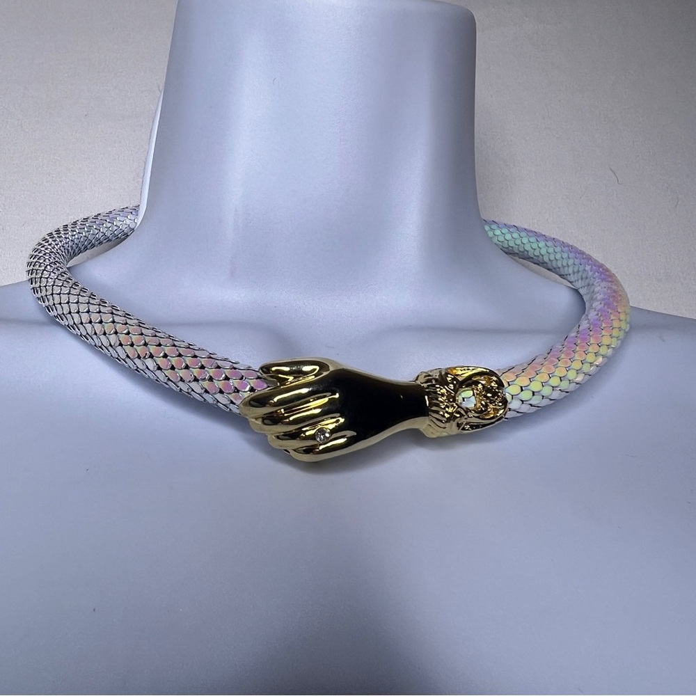 Vintage DL Auld Iridescent White Dragonscale Choker Mesh Snake Collar Necklace - Picture 11 of 11